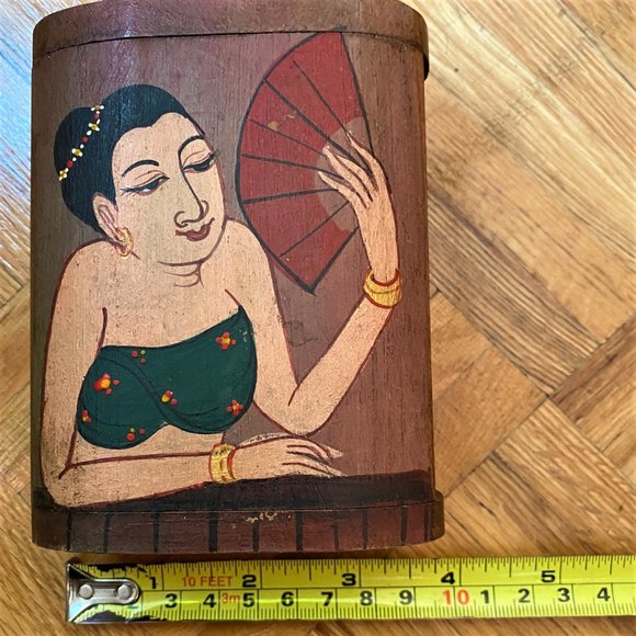 2/$40 Vintage Tiki 60s 70s wooden lady with fan trinket jewelry box - Picture 10 of 11